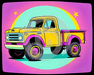 Cartoon happy comic retro car classic vintage 4x4 pickup pop art color