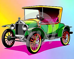 Cartoon happy comic retro car jalopy roadster pop art color