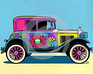 Cartoon happy comic retro car old hippie flower travel bus