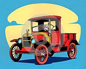 Cartoon happy comic retro car old jalopy red pickup antique collection