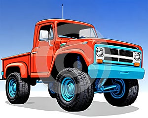 Cartoon happy comic retro car pickup red work truck 4x4