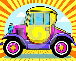 Cartoon happy comic retro car toy pop art color sun ray