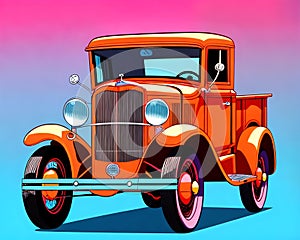 Cartoon happy comic retro car vintage pickup orange classic jalopy photo
