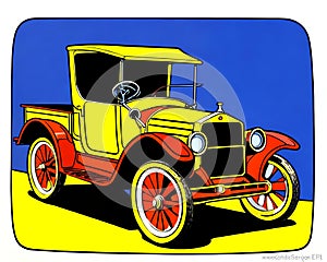 Cartoon happy comic retro car yellow red antique pickup running boards