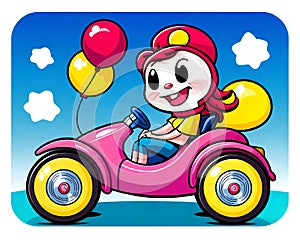 Cartoon happy comic retro child bumper car transportation fun travel