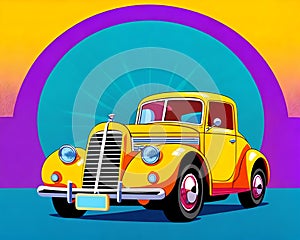 Cartoon happy comic retro road car yellow elegant color