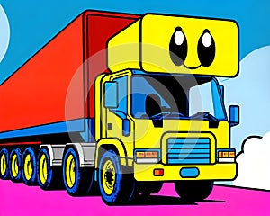 Cartoon happy comic retro tractor cargo truck trailer simple drawing