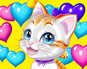 Cartoon happy comic striped tabby kitty cat kitten big blue eyes love