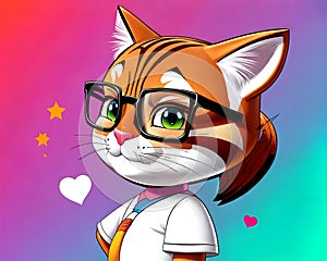 Cartoon happy comic tabby cat kitty kitten intelligent face portrait glasses