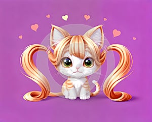 Cartoon happy comic tabby long hair orange kitten cat pet