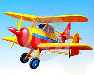Cartoon happy comic toy airplane biplane sky flight yellow red blue
