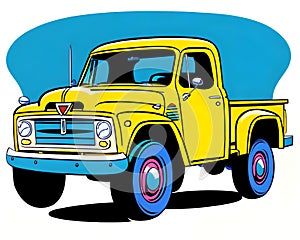 Cartoon happy comic vintage car classic 4x4 yellow pickup