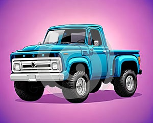 Cartoon happy comic vintage car classic pickup 4x4 truck blue