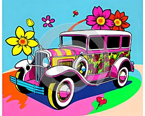 Cartoon happy comic vintage car hippie hipster luxury sedan running boards