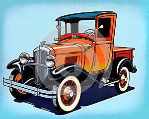 Cartoon happy comic vintage car orange retro pickup running boards