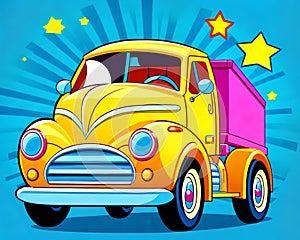 Cartoon happy comic vintage car toy dump truck pop art color