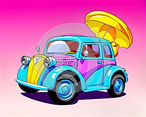 Cartoon happy comic vintage car umbrella popart colors