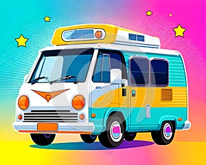 Cartoon happy comic vintage old ambulance camper travel motorhome van