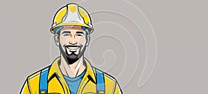 Cartoon of happy construction worker in hard hat with beard, smiling