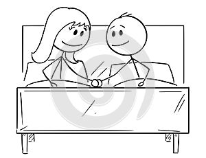 Cartoon of Happy Couple in Bed, Holding Each Others Hand