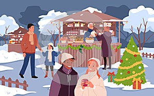 Cartoon happy couple drinking hot drink on festival street market in winter, family with children buying gifts and candy