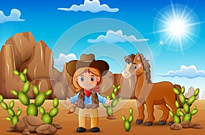 Cartoon happy cowgirl with horse in the desert