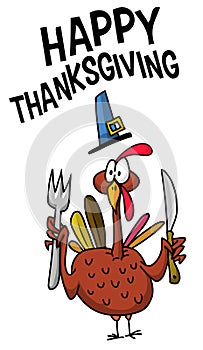 Cartoon happy cute thanksgiving turkey bird holding fork and knife. Vector illustration isolated
