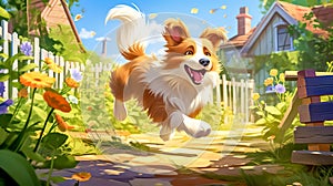 cartoon happy dog running across a green flowery meadow in village, banner made with Generative AI