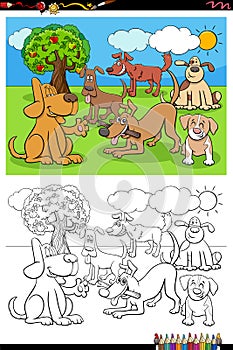 Cartoon happy dogs group coloring book page