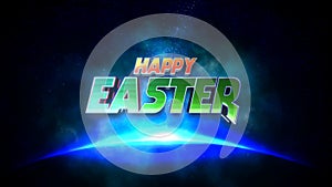 Cartoon Happy Easter text in galaxy with flash of star