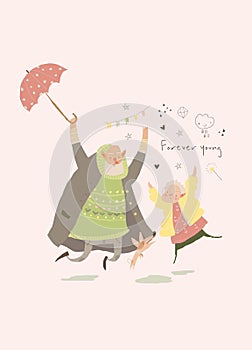 Cartoon Happy Elderly Couple enjoying Rain. Valentines Card