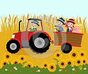 Cartoon of happy elderly farmer driving a tractor with kids and bales of straw on a trailer with wheat flied photo