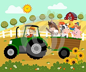 Cartoon of happy elderly farmer driving a tractor with a trailer carrying farm animals on the farm