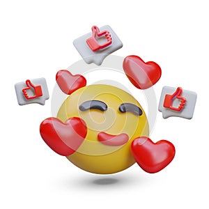 Cartoon happy emoticon with flying hearts and likes near