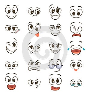 Cartoon happy faces with different expressions. Vector illustrations