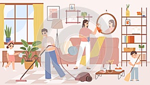 Cartoon happy family clean home, parents and children cleaning living room. Adults and kids doing seasonal housework