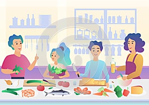 Cartoon happy family cooking. Mother and father parents with kids children cook food in kitchen cartoon gradient vector