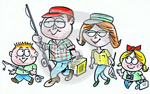 Cartoon of happy family going fishing