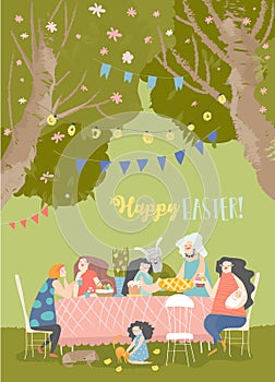 Cartoon happy family having Easter dinner in blossom garden