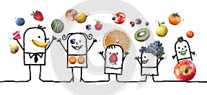 Cartoon Happy Family playing and Juggling with Fruits