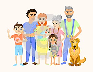 Cartoon happy family portrait with cat and dog.