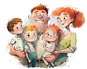 Cartoon happy family portrrait. Mother, father, sons and daughter. Digital illustration. Watercolor stylized