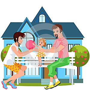 Cartoon happy family spending time together outdoors