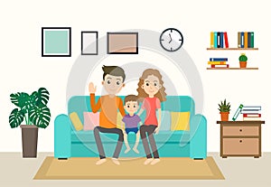 Cartoon happy family stay home on sofa in the living room photo