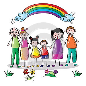 Cartoon happy family with two children, grandparents and rainbow