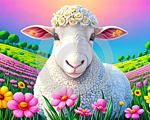 Cartoon happy farm flower wreath field comic sheep grazing