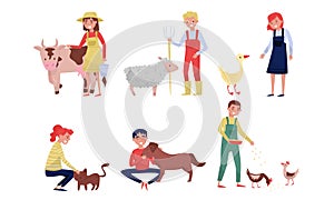 Cartoon Happy Farmers With Animals And Cattle Vector Illustration Set Isolated On White Background