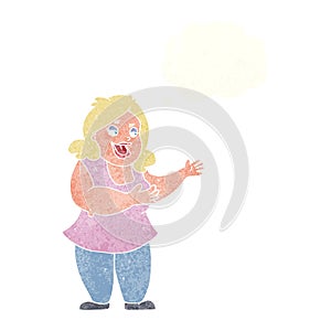 cartoon happy fat woman with thought bubble