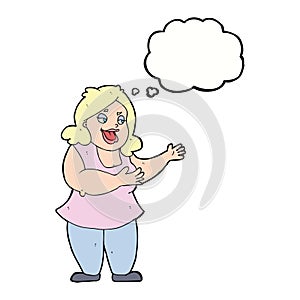 cartoon happy fat woman with thought bubble