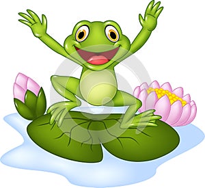 Cartoon happy frog jumping on a water lily